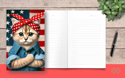 Rosie the Riveter Cat Journal | 100 Lined Pages with Date Line | Childless Cat Lady Notebook | American Flag Cat Lover Gift | Feminist Cat Journal for Women