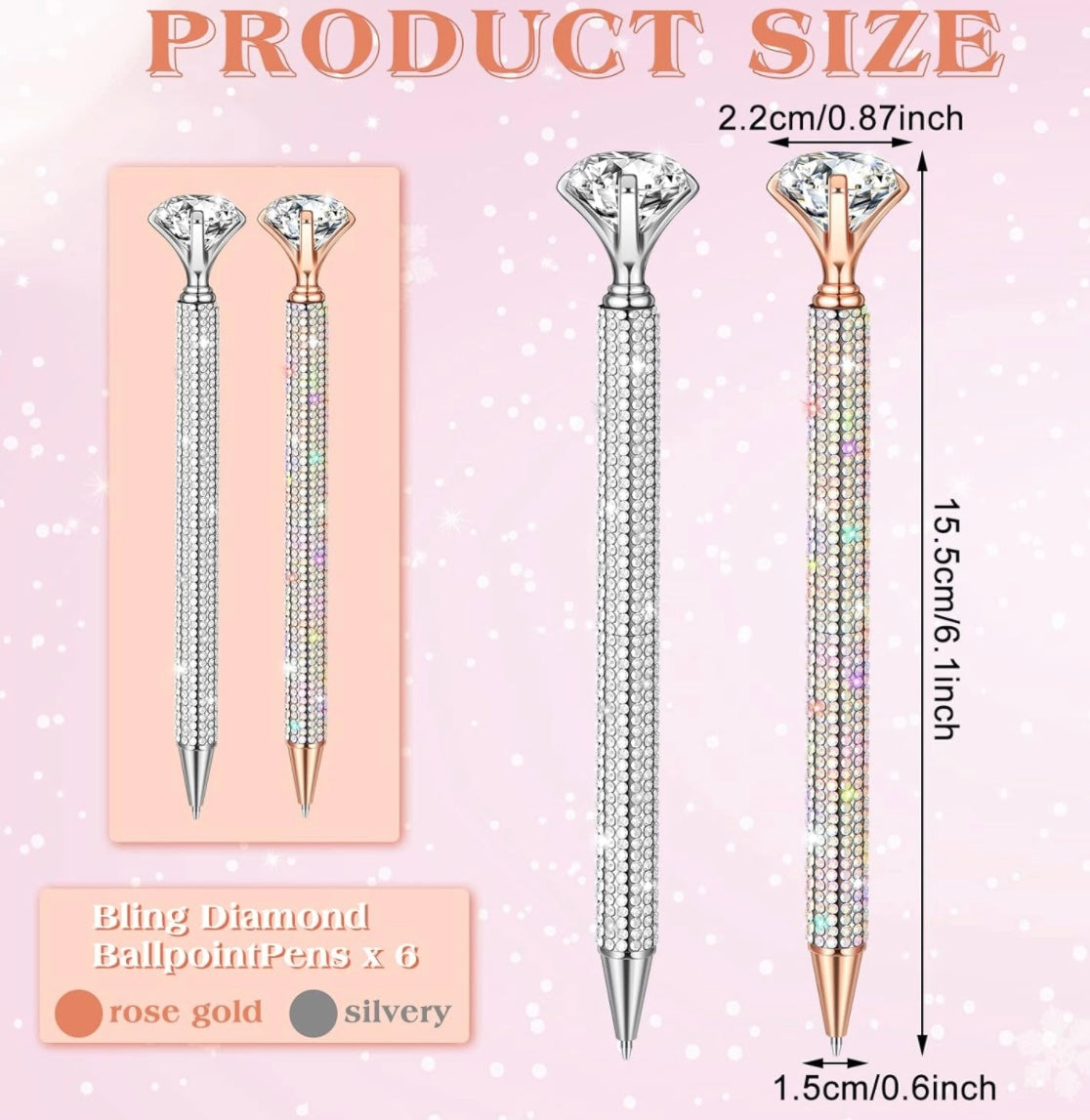 Big Diamond Pens with Crystal Bling Rhinestone Metal Glitter Ballpoint Pens Black Ink (Pack of 2 Pens)